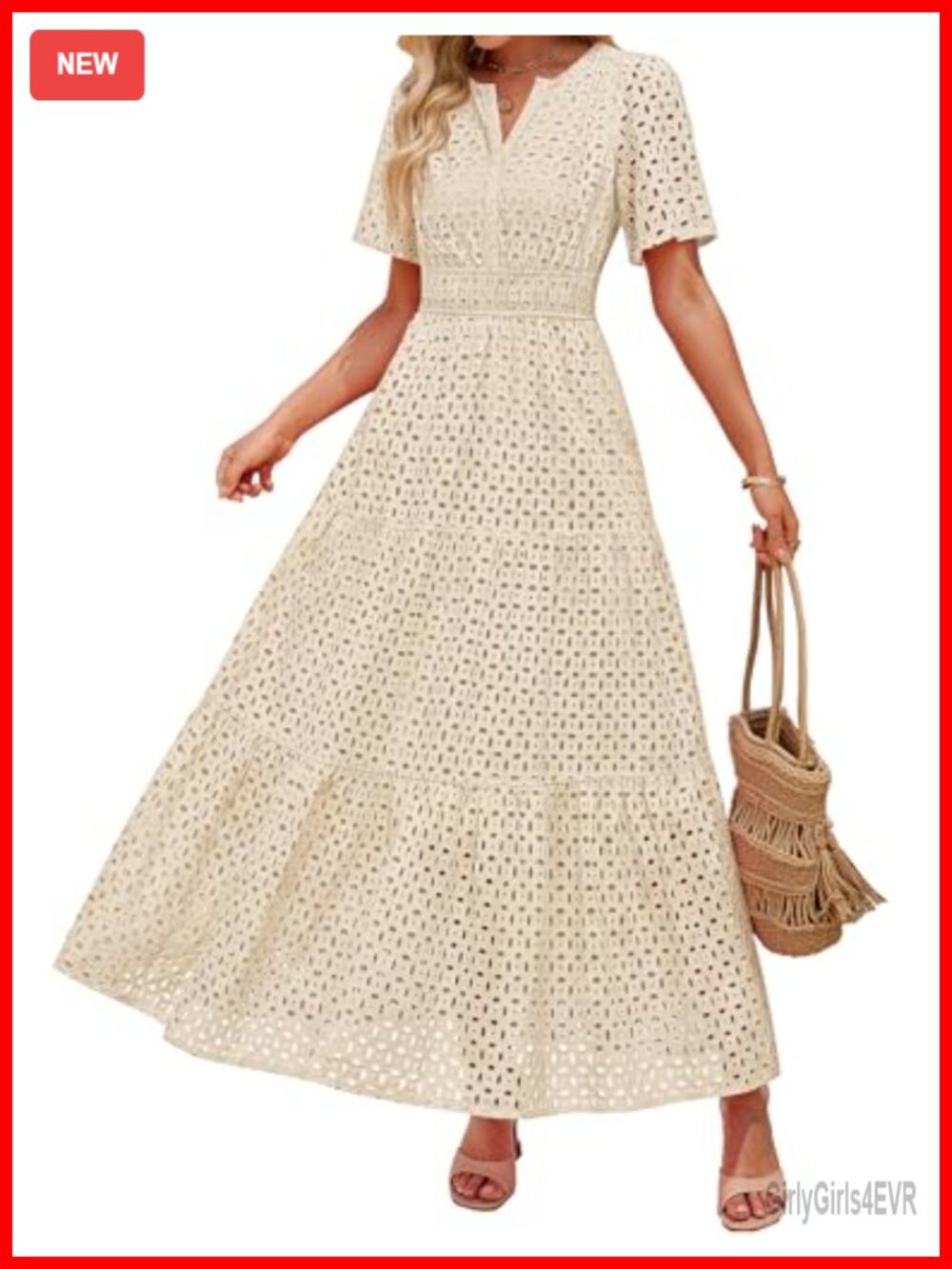 Women's V Neck Eyelet A Line Maxi Dress Short Sleeve High Waist